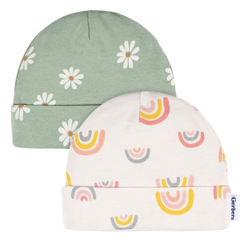 Set de 2 gorros bicolor con estampado para bebé niña