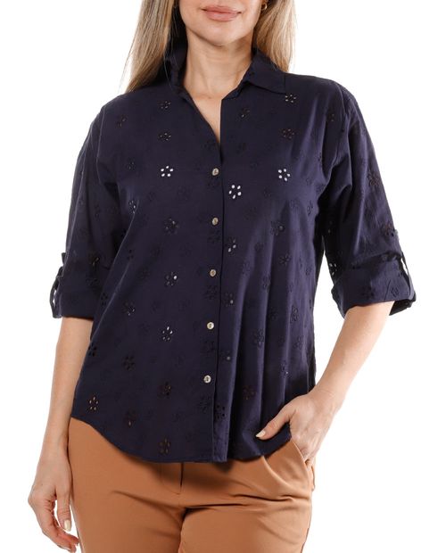 Blusa Sabrina camisera azul manga roll up para mujer