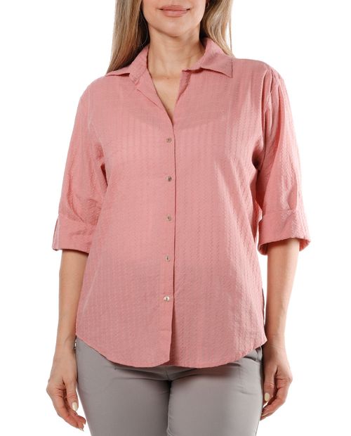 Blusa Sabrina camisera rosada manga roll up para mujer