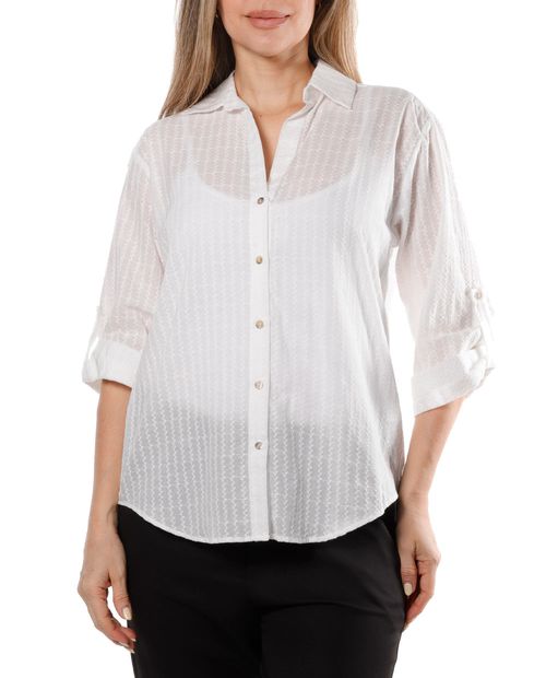 Blusa Sabrina camisera blanca manga roll up para mujer
