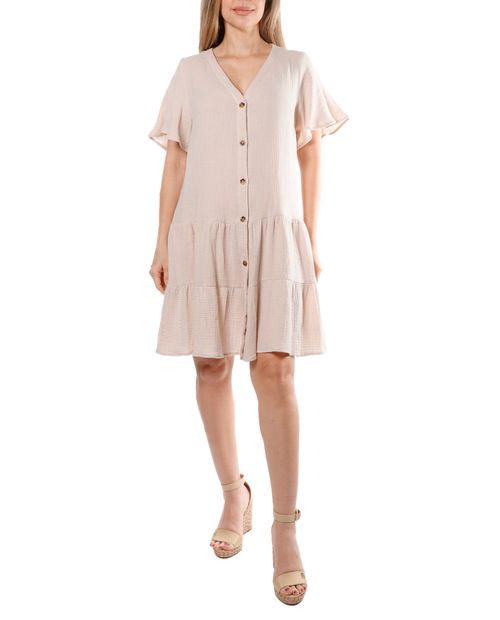 Vestido Sabrina casual beige manga corta para mujer