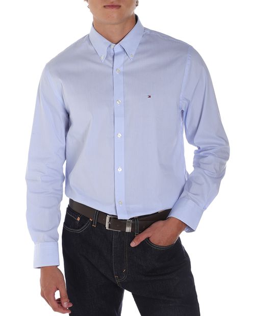 Camisa formal Tommy Hilfiger slim fit celeste mini cuadros para hombre