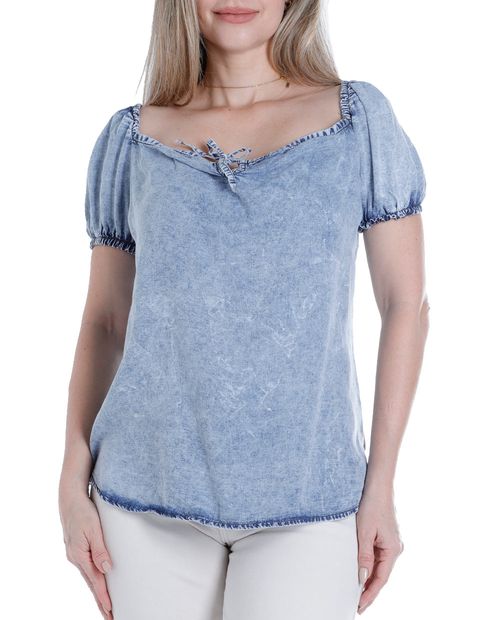 Blusa Sabrina casual azul manga corta para mujer