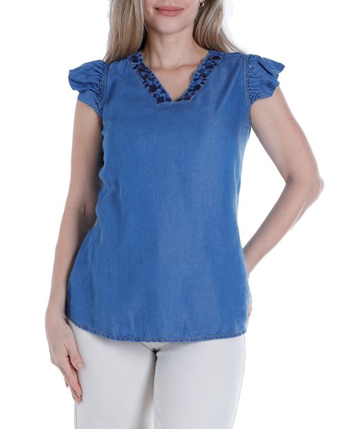 Blusa Sabrina casual azul manga corta para mujer