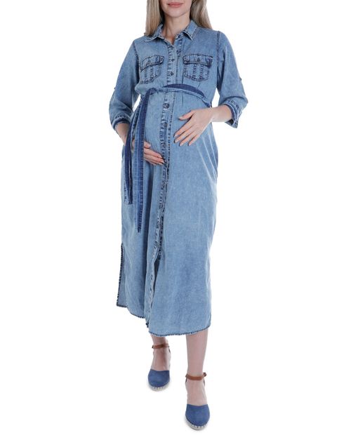 Vestido maternal Sabrina midi azul mangas 3/4 para mujer