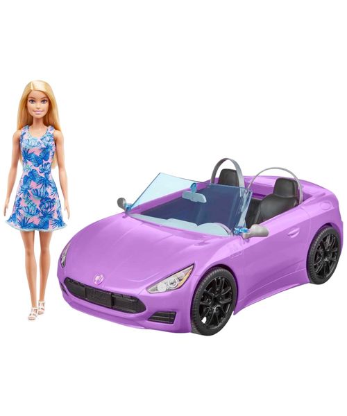 Barbie Muñeca con coche convertible de juguete morado