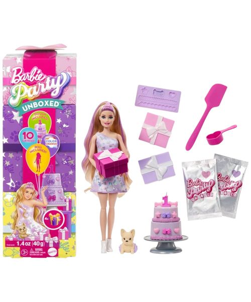 Barbie Party Unboxed Serie Mascotas de Cumpleaños, Muñeca y Accesorios Party Stars con 10 Sorpresas