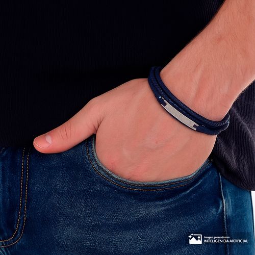 Pulsera múltiple de cuero y acero inoxidable azul para 10mm-20.32 cm hombre