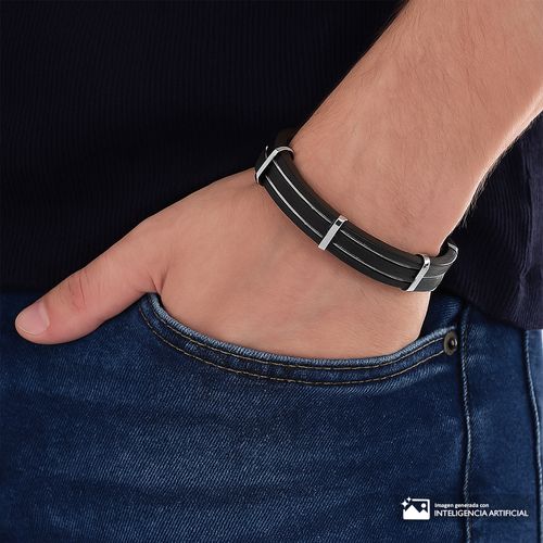 Brazalete Steeltime con cuero negro y acero inoxidable para hombre