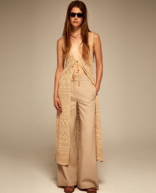 Pantalón Sfera wide leg beige de cintura alta para mujer