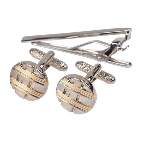 Set de mancuernillas y broche Perry Ellis plateados para hombre
