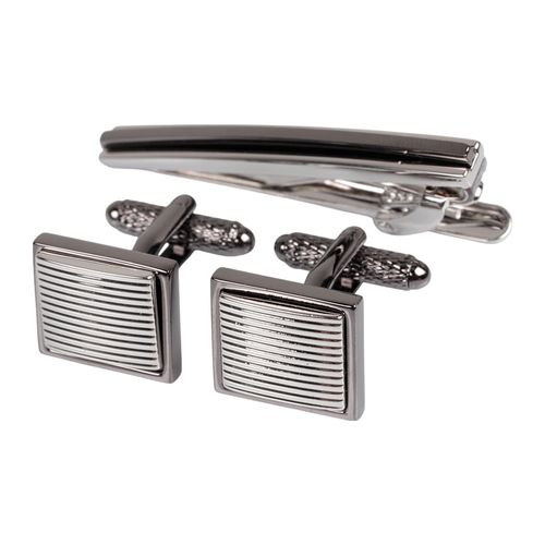 Set de mancuernillas y broche Perry Ellis plateados para hombre