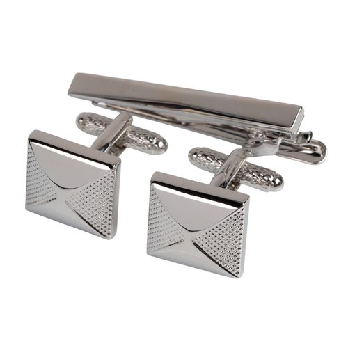 Set de mancuernillas y broche Perry Ellis plateados para hombre