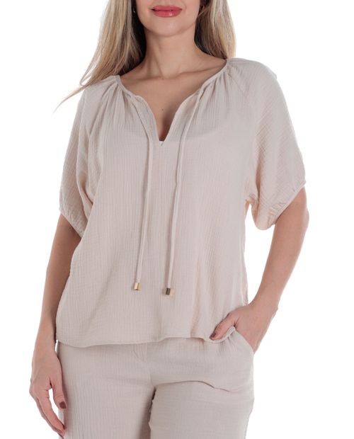 Blusa Sabrina casual beige manga corta para mujer