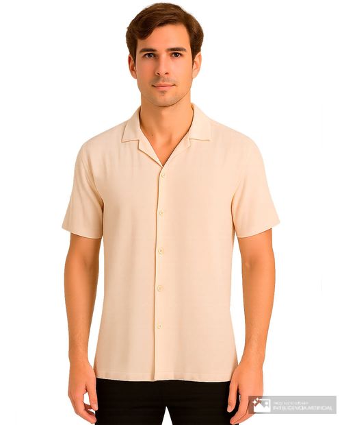 Camisa casual beige con textura de mezclilla y flores para hombre