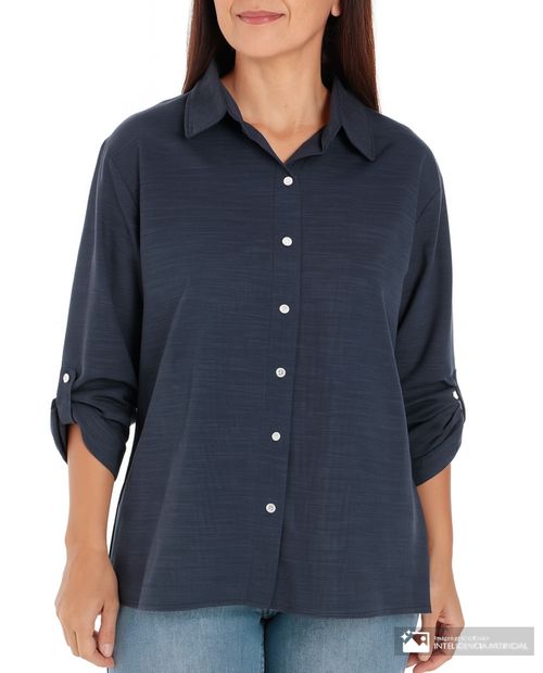 Blusa Nicolle camisera azul manga roll up para mujer