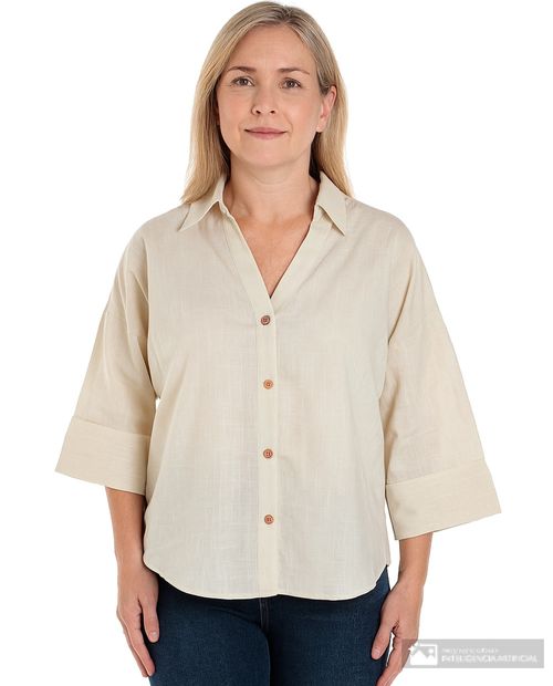 Blusa Sabrina camisera beige manga 3/4 para mujer