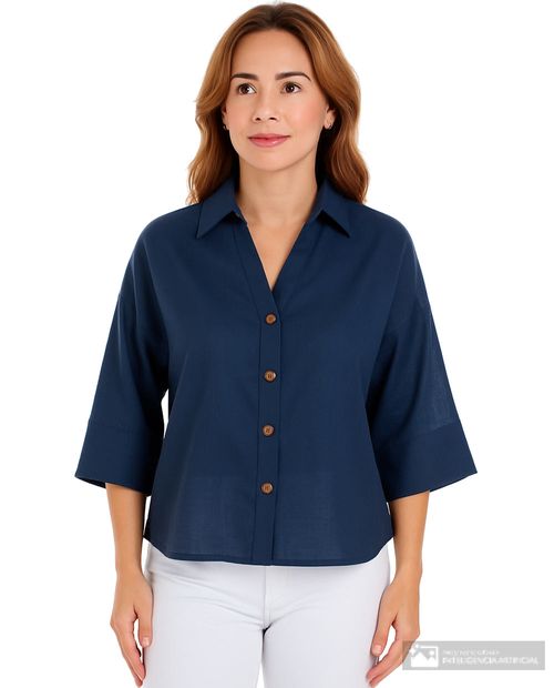 Blusa Sabrina camisera azul manga 3/4 para mujer
