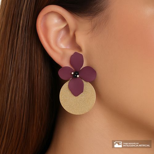 Aretes Sfera flor morada con disco dorado brillante