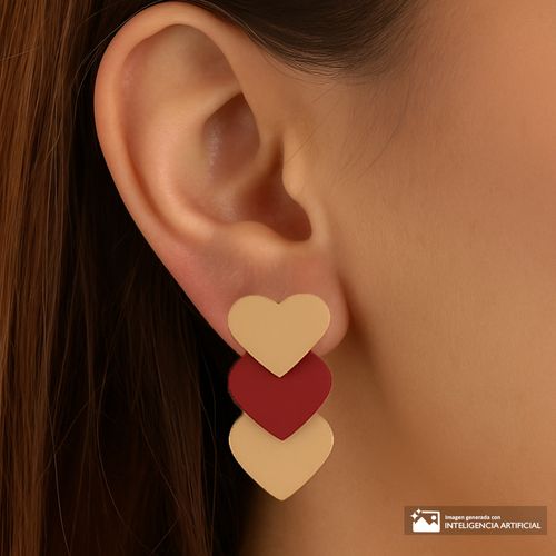 Aretes Sfera triples de corazones dorado y rojo