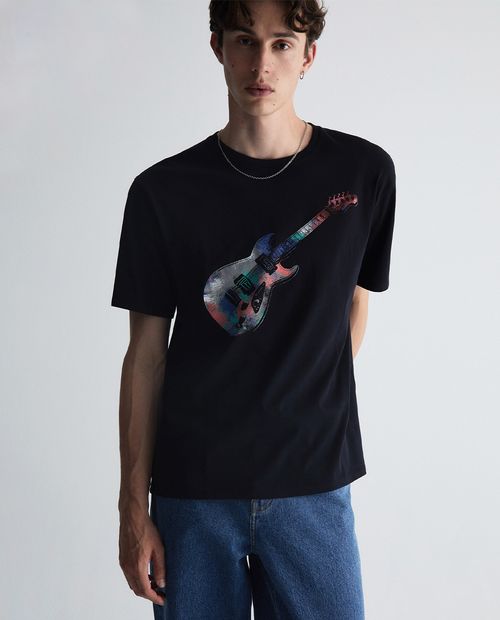 Camiseta Sfera negra estampado de guitarra para hombre
