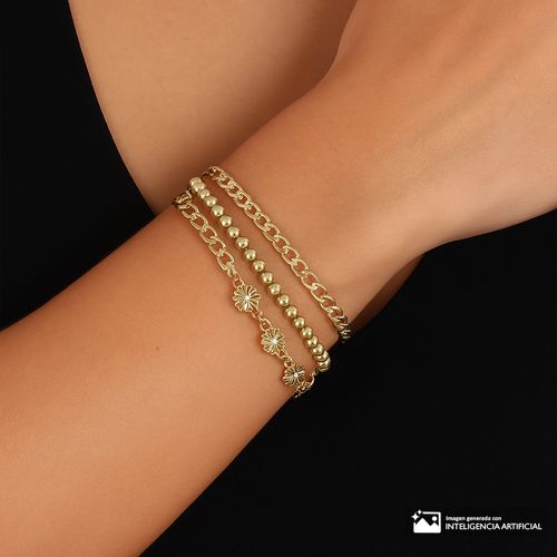 Pulsera multicadena dorada con cuentas y flores para mujer