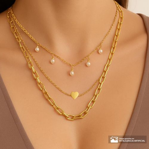 Cadena dorada triple con dije corazón para mujer