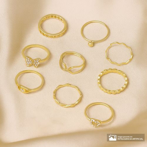 Set de 9 anillos en color dorado para mujer