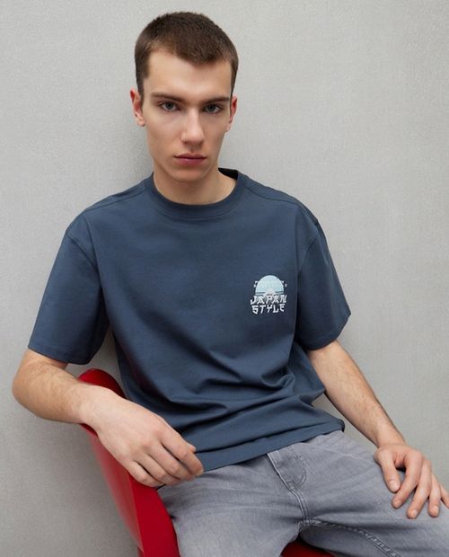 Camiseta Easy Wear relaxed fit turquesa con estampado "Japan Style" para hombre