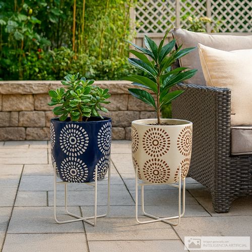 Juego de macetas de cerámica decorativas con soporte 17x26 cm