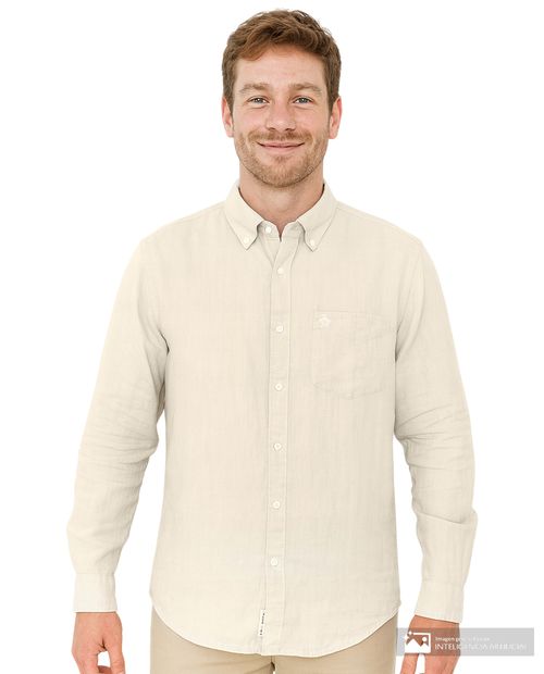 Camisa informal Penguin de lino texturizado beige jaspeado y corte entallado para hombre