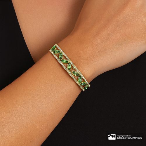 Pulsera dorada con cristales verdes y circonias 8.5"x 1 cm para mujer
