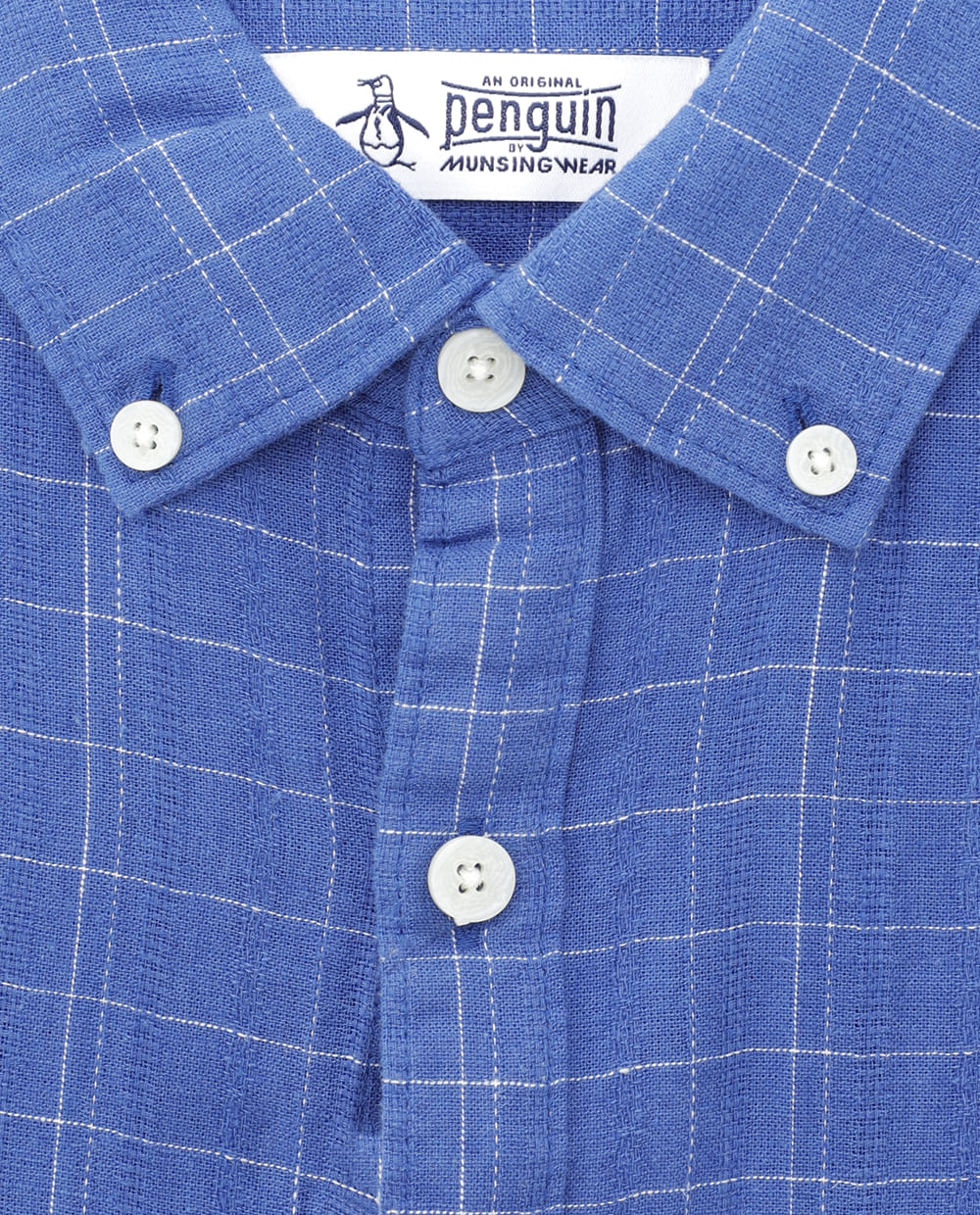 Camisa casual de lino Penguin azul cuadriculada para hombre