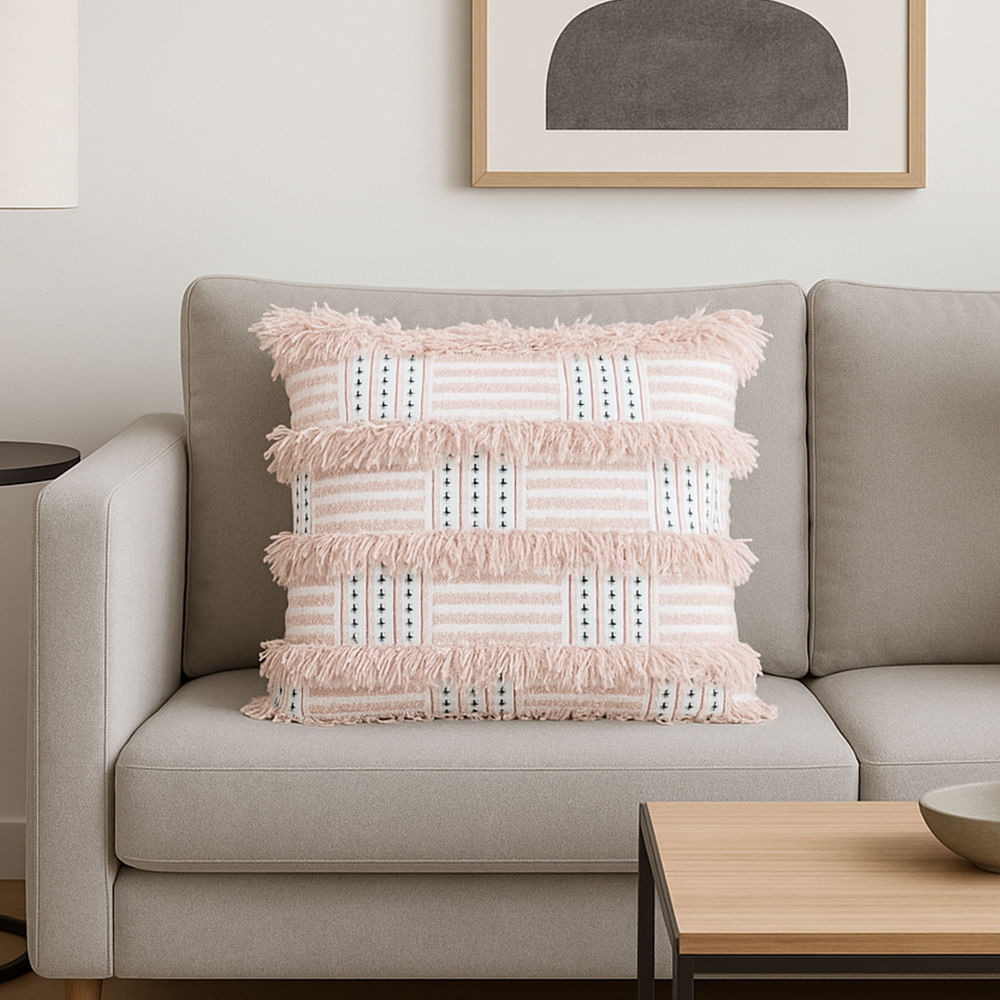 Cojín cuadrado de poliéster decorativo líneas con flecos 45x45 cm - Siman  Nicaragua, image size:1000x1000