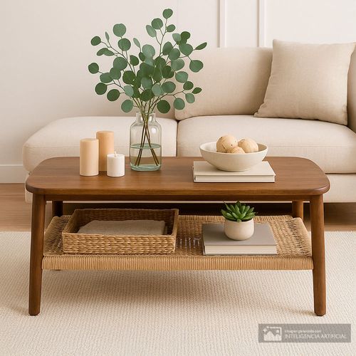 Mesa de centro rectangular de madera con repisa tejida
