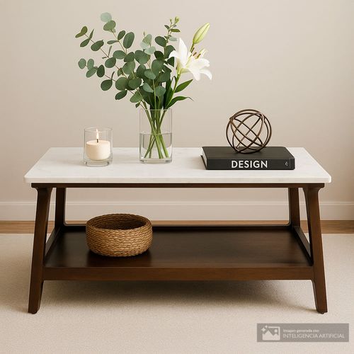 Mesa de centro rectangular con mármol y repisa inferior
