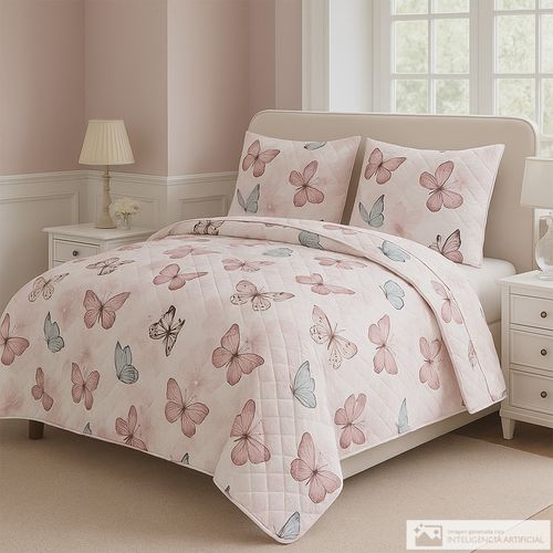 Cubrecama infantil de poliéster estampado mariposas