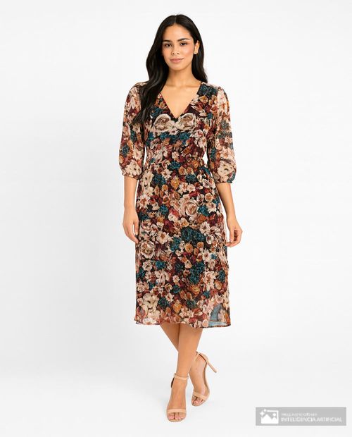 Vestido Connected Apparel midi estampado de mangas 3/4 para mujer