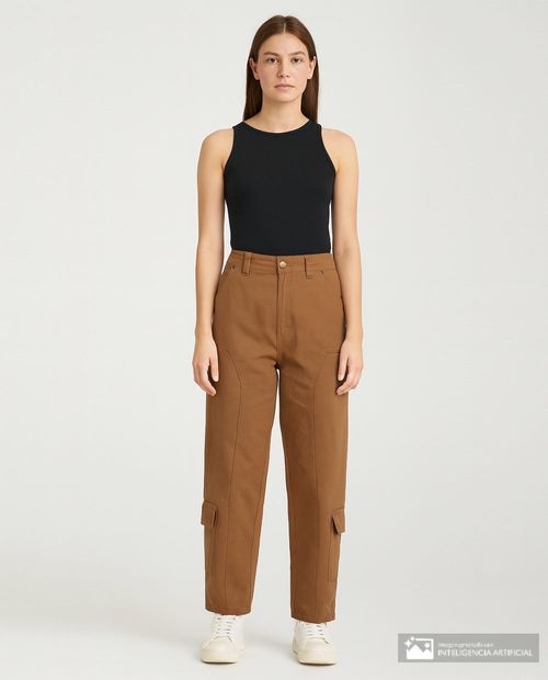 Pantalón Orange straight café de cintura alta para mujer
