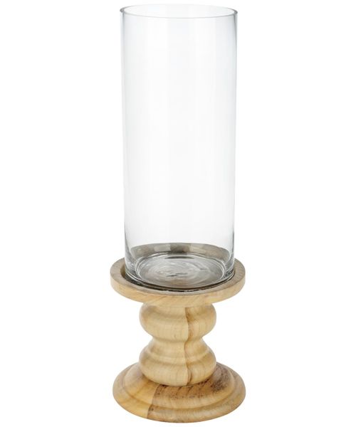 Portavela de vidrio con base decorativa de madera 15x36 cm