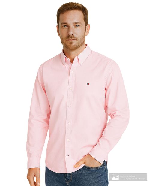 Camisa casual Tommy Hilfiger regular fit rosada sólida para hombre