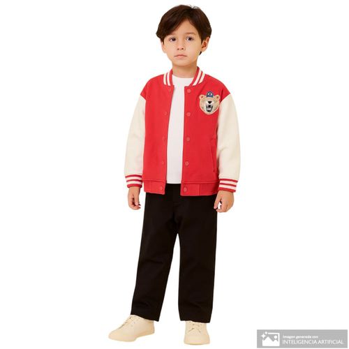 Chaqueta bomber roja con estampado de oso para niño