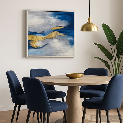 Cuadro decorativo abstracto en tonos azules grises y dorados 60x2.8x60 cm