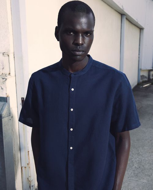 Camisa casual de lino Sfera azul navy heather para hombre