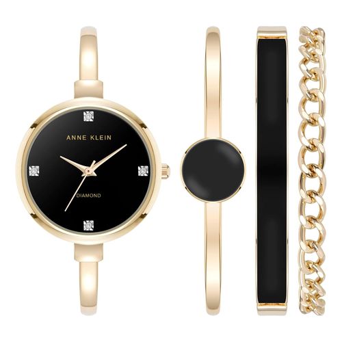 Set pulseras + reloj de metal en tono dorado con esfera negra para mujer