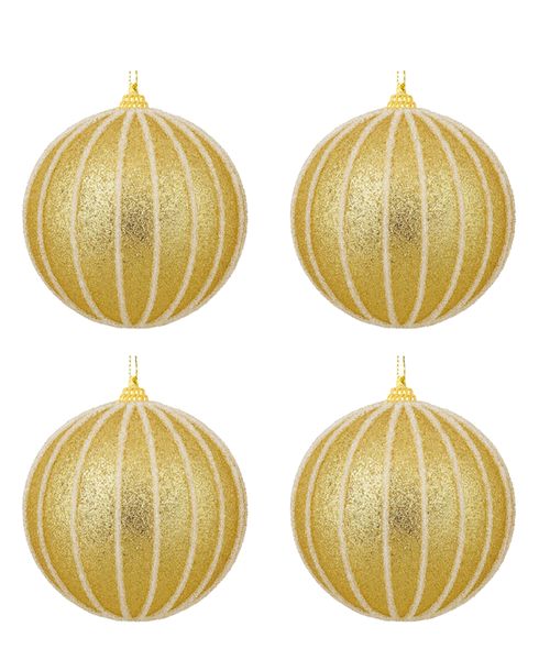 Set de 4 esferas navideñas doradas con glitter y líneas blancas 10 cm