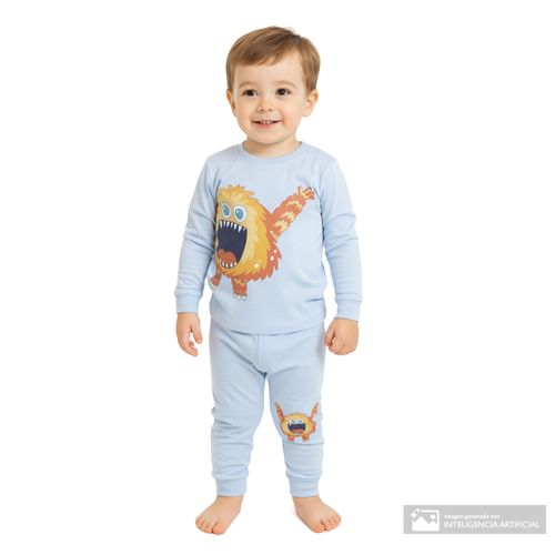 Pijama de 2 piezas celeste con estampado de monstruo para niño