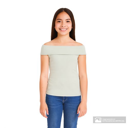 Blusa off shoulder beige acanalada para niña