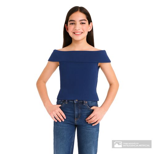 Blusa off shoulder azul navy acanalada para niña