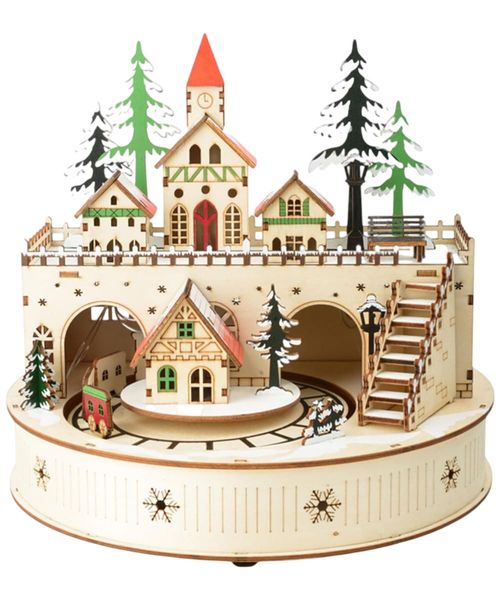 Villa navideña redonda de madera con luz y música 25.5 x 19 x 24.5 cm